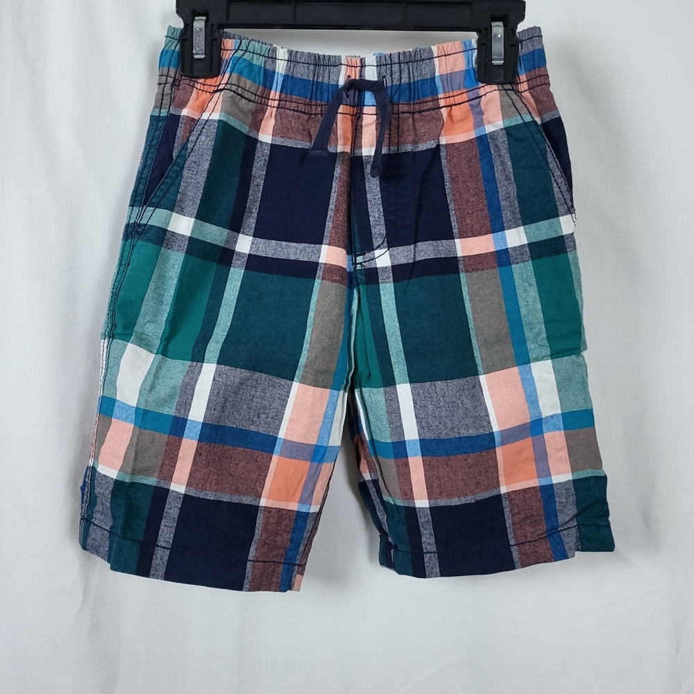 Gymboree Boys‎ 2017 Teal Navy Orange Plaid Elastic Waist Pull On Shorts Size 7